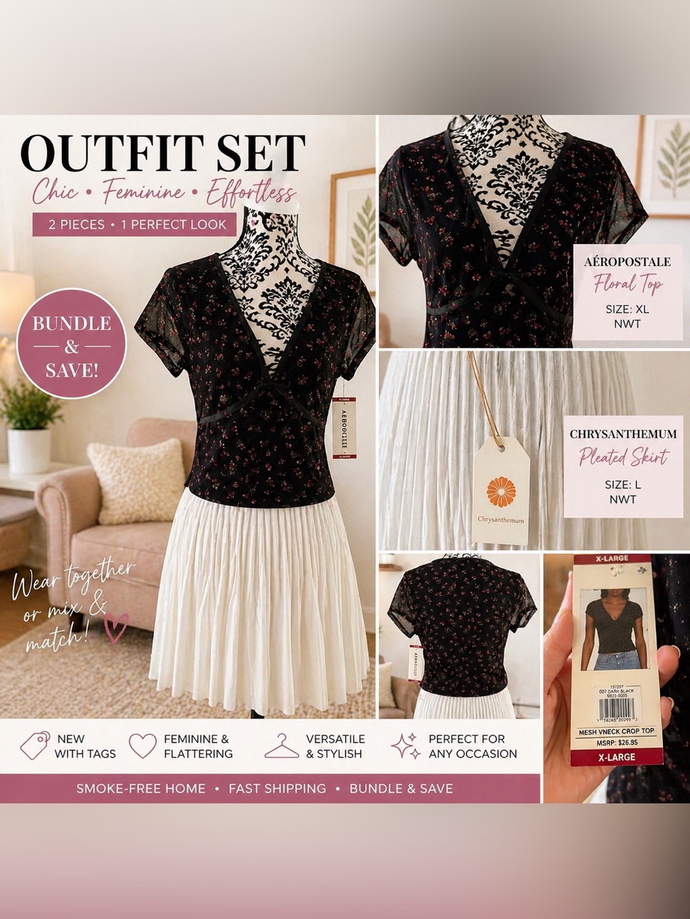 Aeropostale Floral Top + White Pleated Skirt Set | Chic Outfit Bundle | NWT